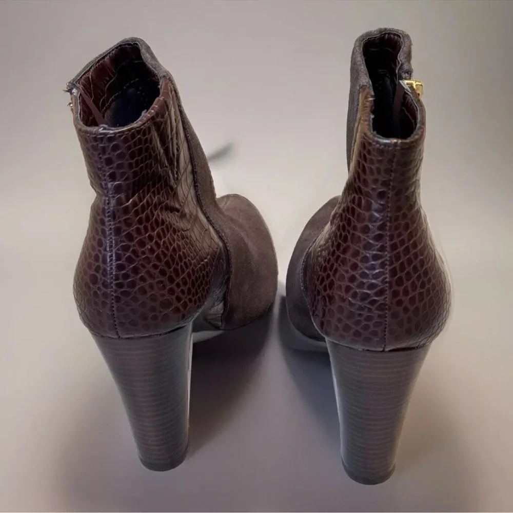 Iman Brown Boots Sz 10 Zip Up 4'' High Heel Ankle Reptile Bootie Party Office
